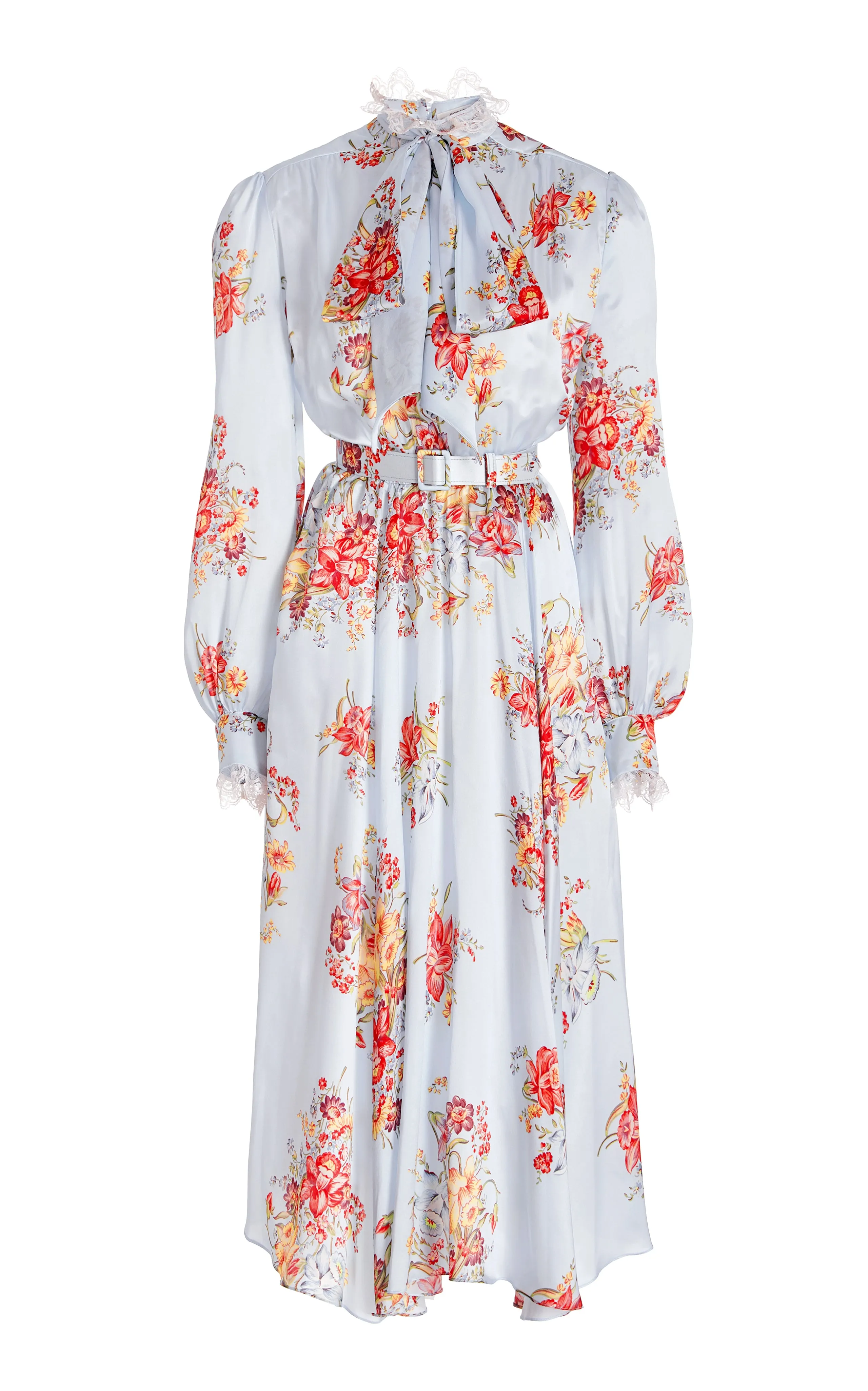 Blue Floral Silk Dress With Sash Tie Neck