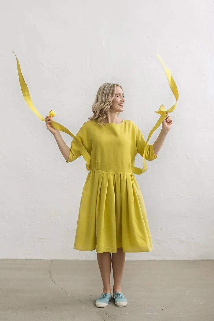 Boat-Neck Loose Kimono Linen Dress