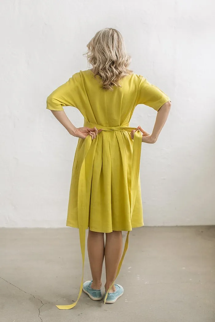 Boat-Neck Loose Kimono Linen Dress