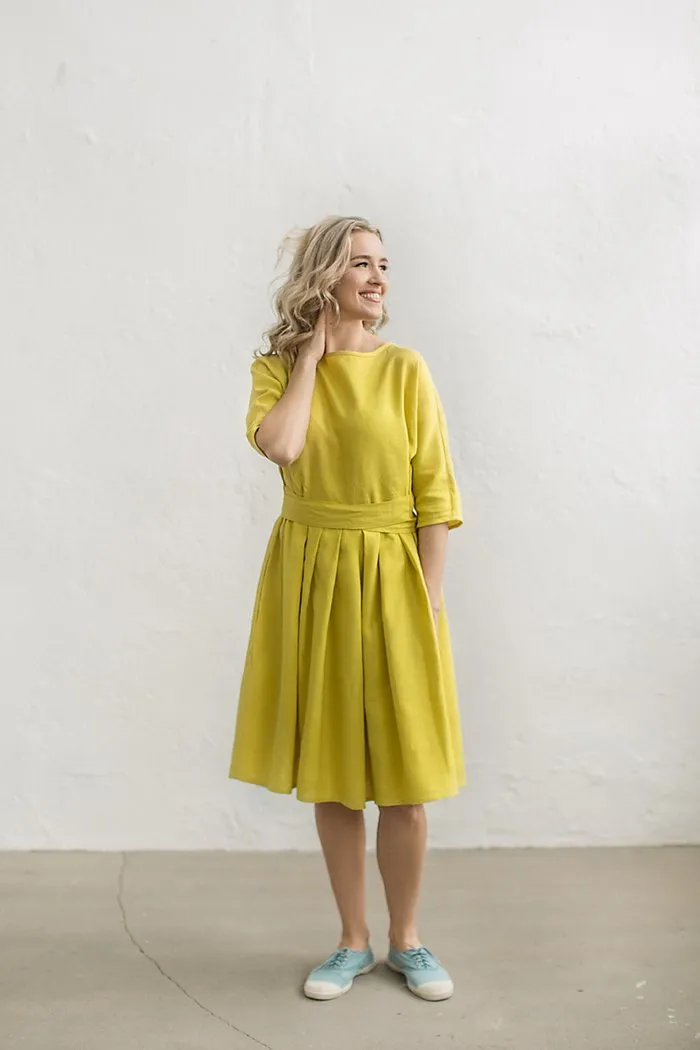 Boat-Neck Loose Kimono Linen Dress