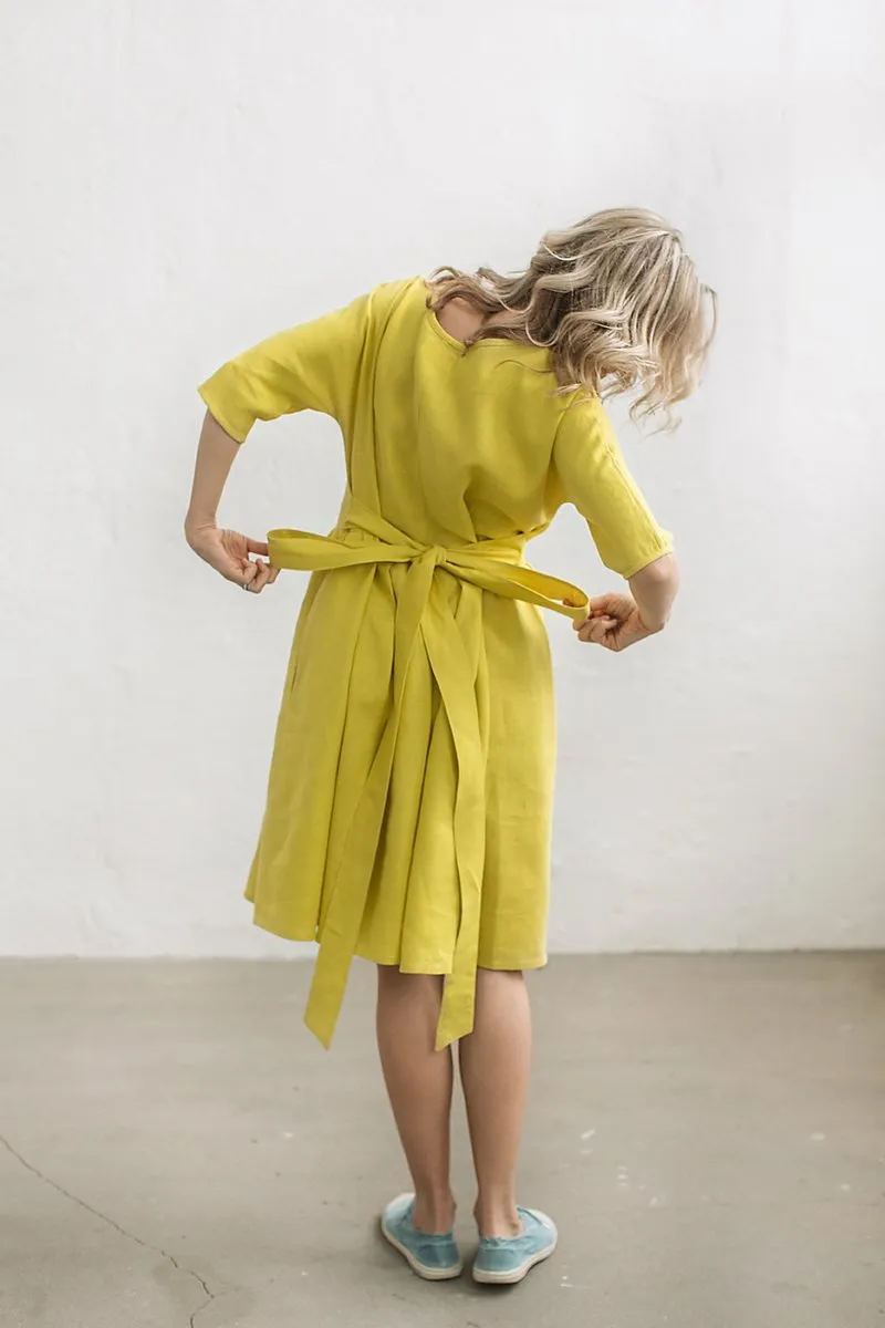 Boat-Neck Loose Kimono Linen Dress
