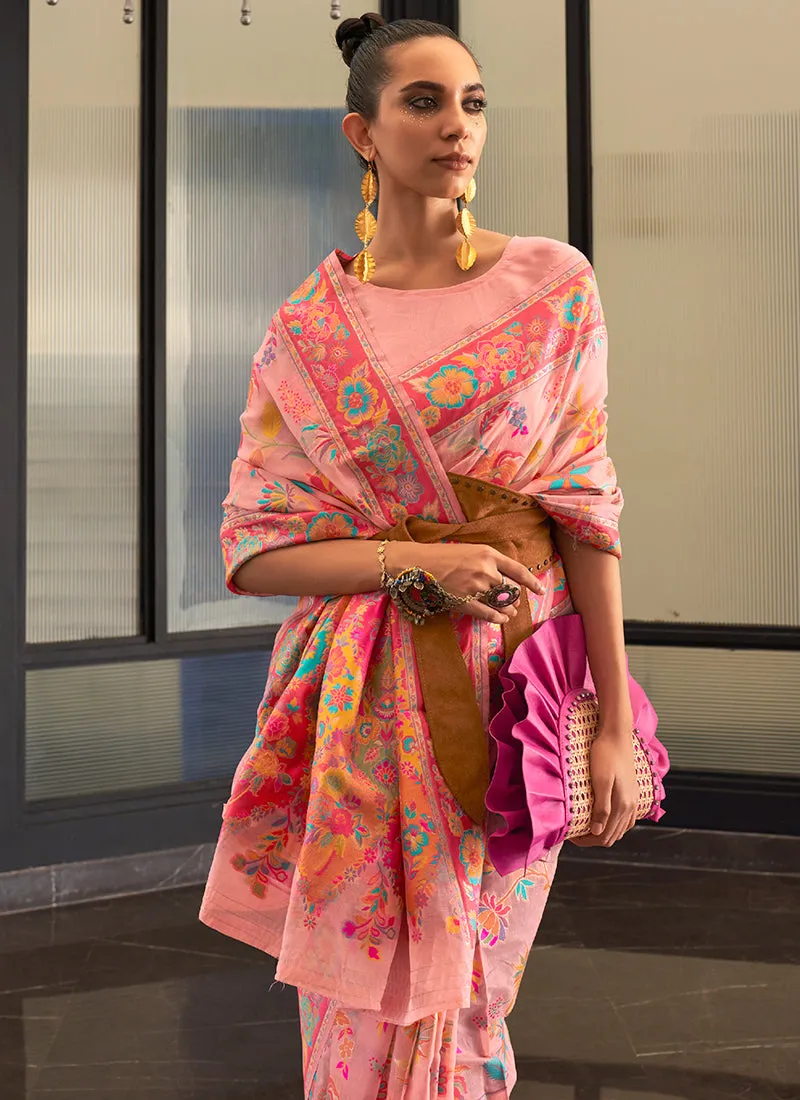Bright Peach Kashmiri Handloom Weaved Silk Saree