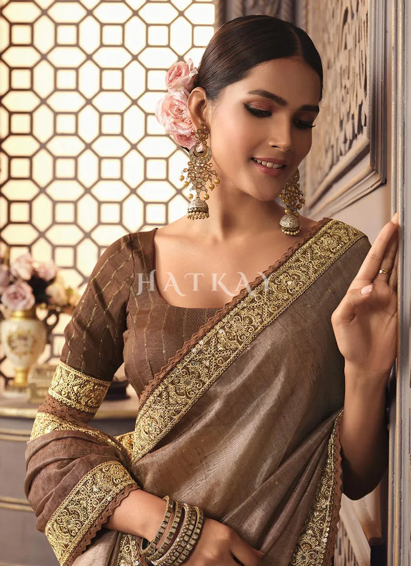 Brown Golden Zari Embroidery Shaded Organza Silk Saree