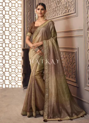 Brown Golden Zari Embroidery Shaded Organza Silk Saree