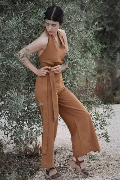 Camille Linen Blend Jumpsuit in Almond