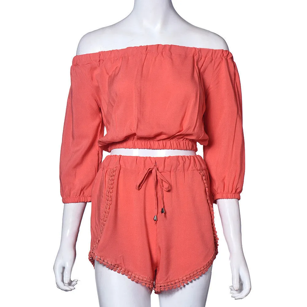 Casual 2 Pieces Set Dress Women's Off Shoulder Solid Color Lace Dress Suit Beach Wear vestidos