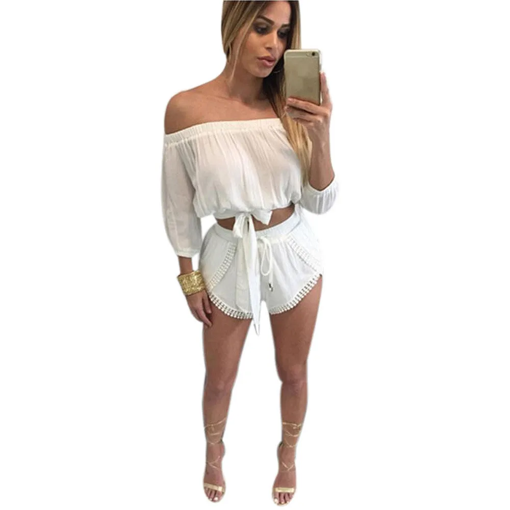 Casual 2 Pieces Set Dress Women's Off Shoulder Solid Color Lace Dress Suit Beach Wear vestidos