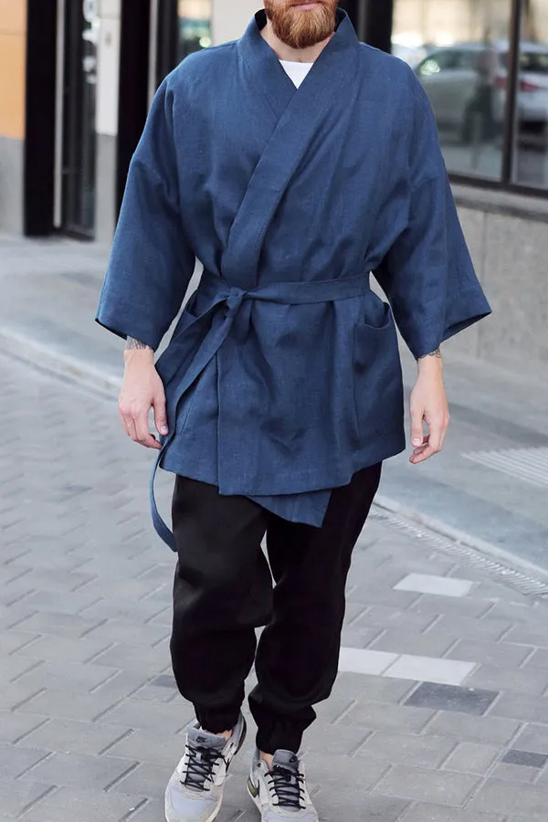 Casual Linen Blue Loose Linen Trench Coat