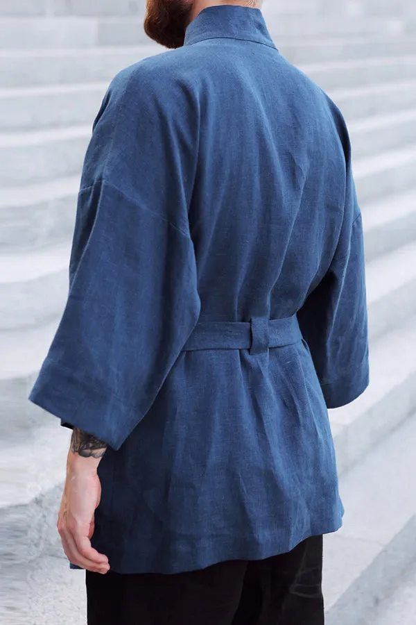 Casual Linen Blue Loose Linen Trench Coat