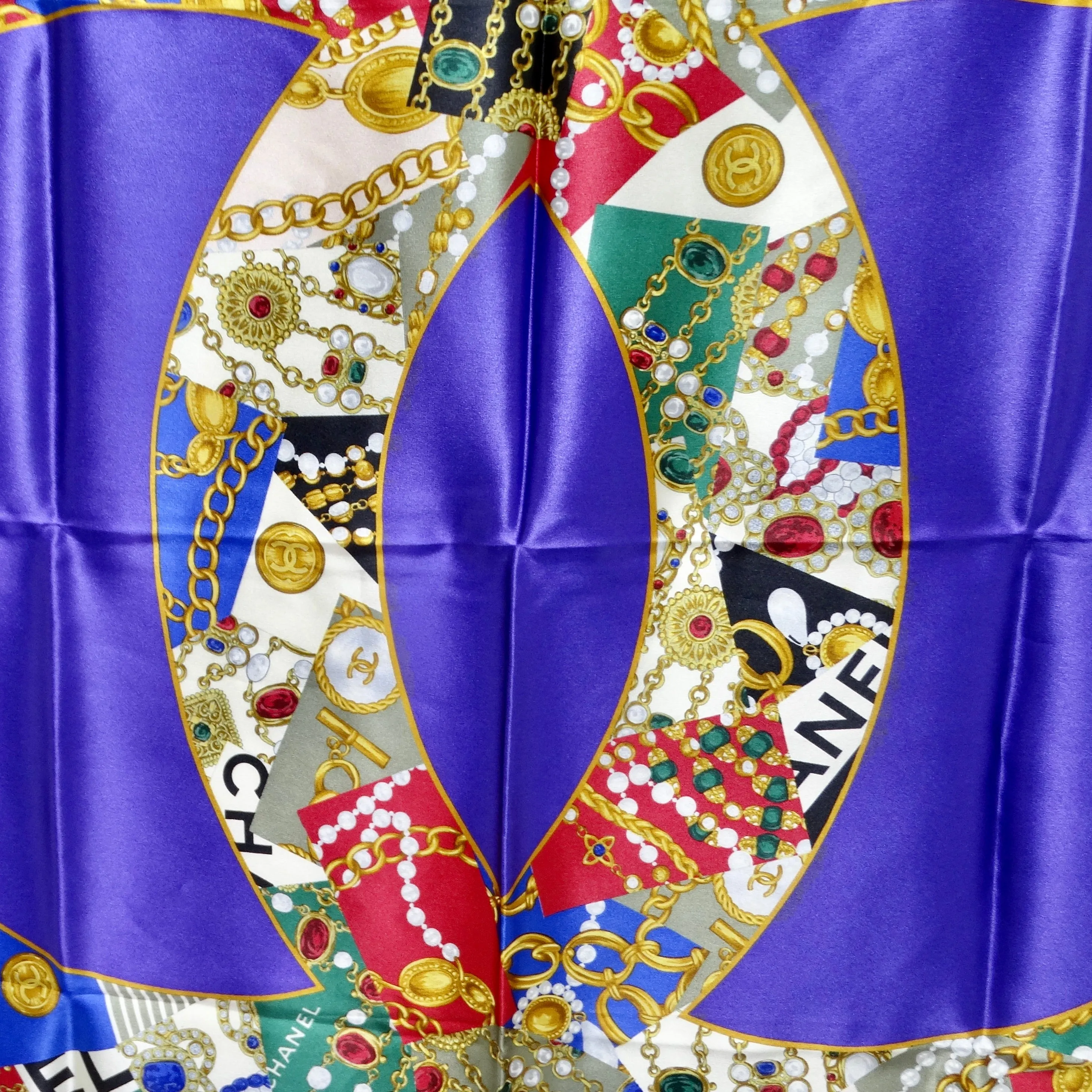 Chanel 1990s Purple Logo Printed Silk Scarf