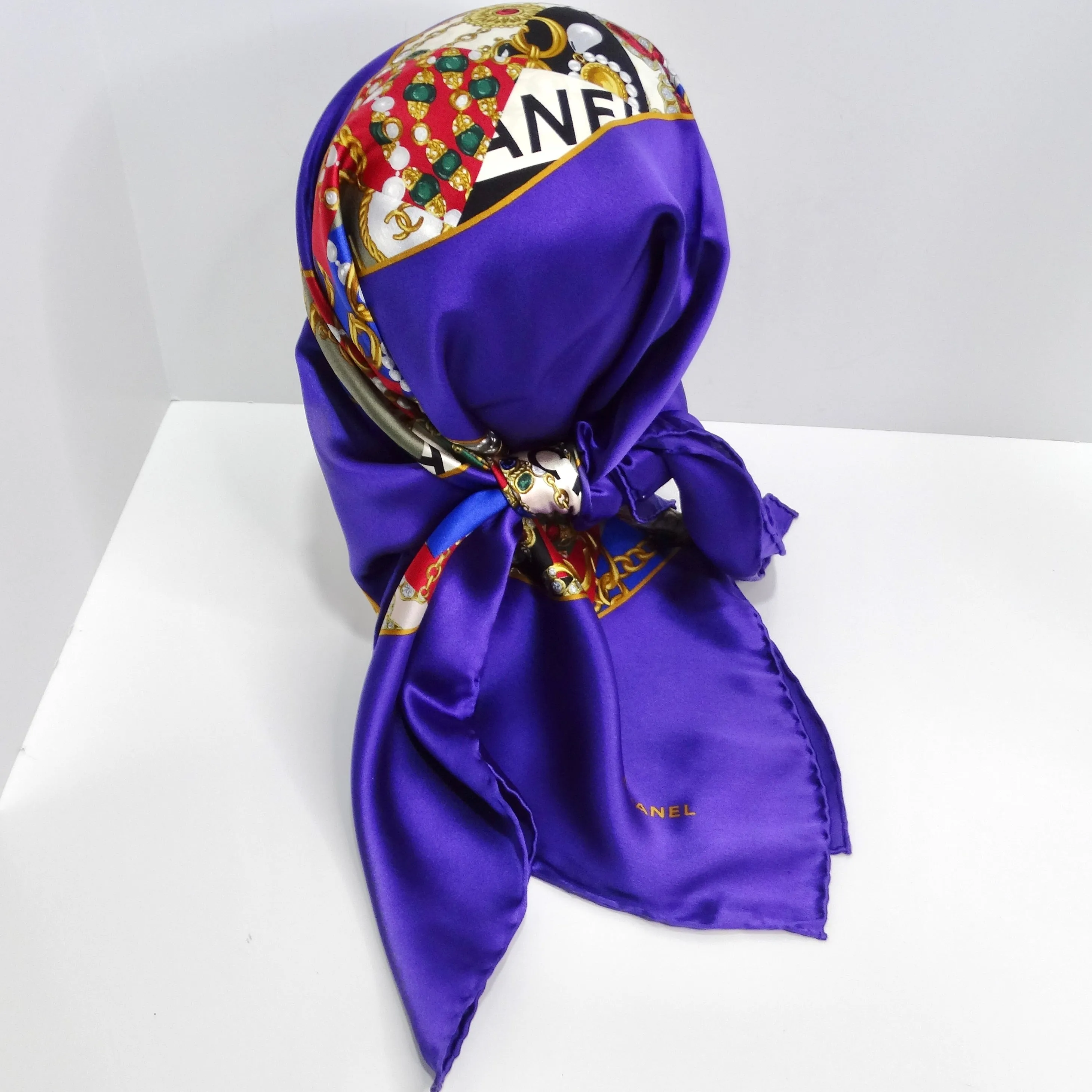 Chanel 1990s Purple Logo Printed Silk Scarf