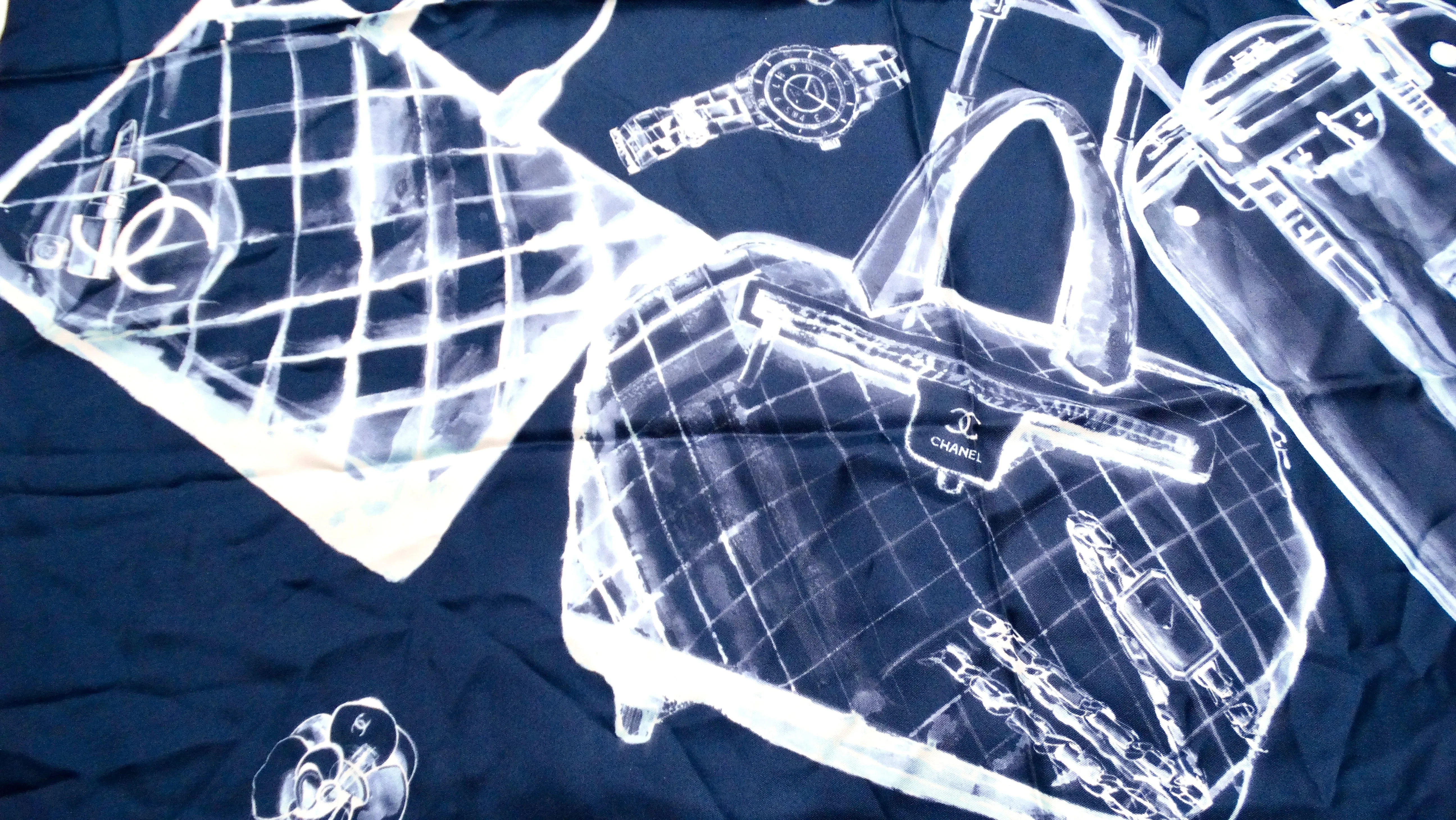 Chanel "Flight Now Boarding" Bleu Marine & Blanc X-Ray Print Silk Scarf