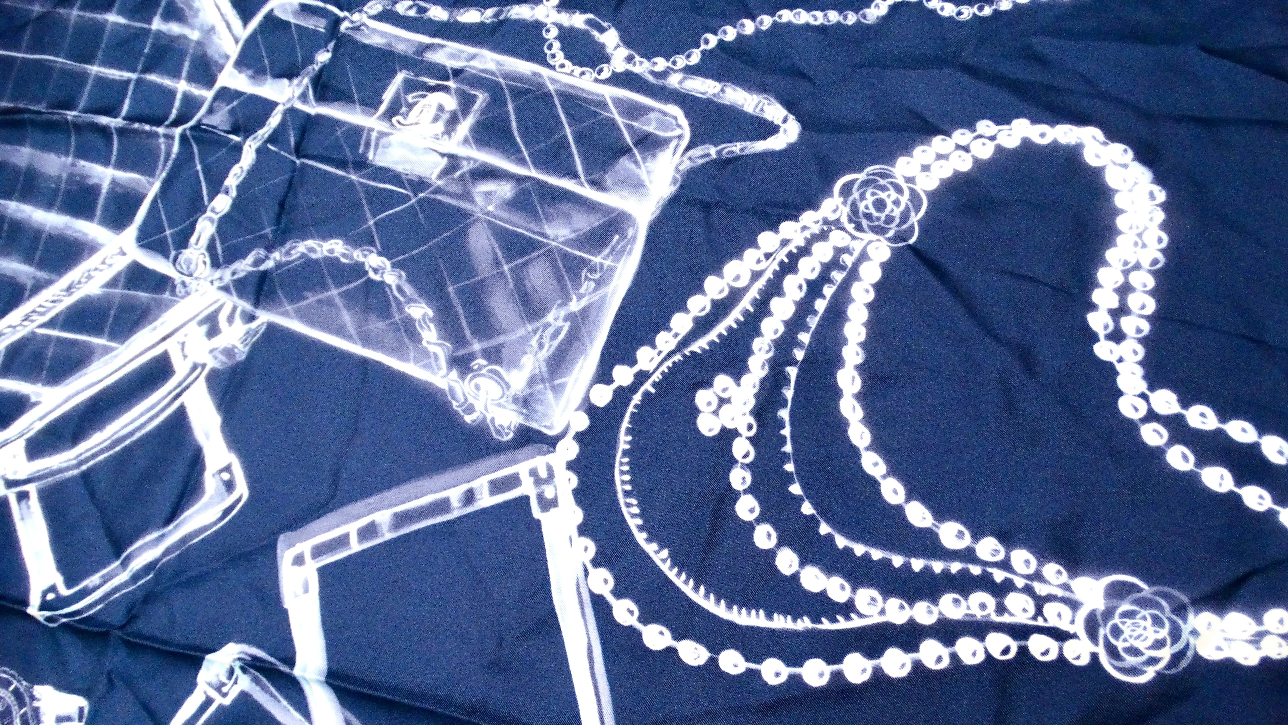 Chanel "Flight Now Boarding" Bleu Marine & Blanc X-Ray Print Silk Scarf