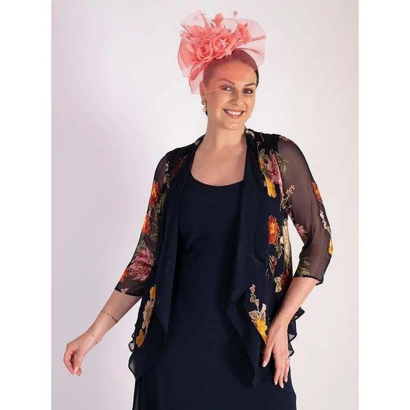 Chesca Navy Chrysanthemum Print Silk Devoree Contrast Layered Shrug