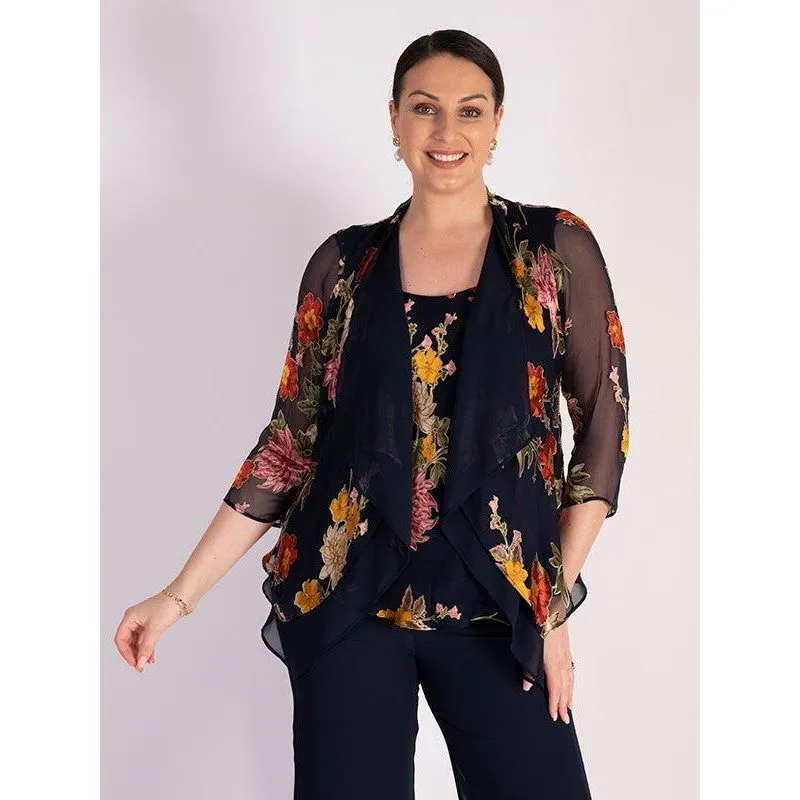 Chesca Navy Chrysanthemum Print Silk Devoree Contrast Layered Shrug