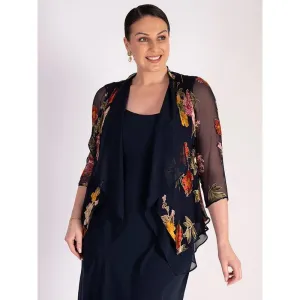 Chesca Navy Chrysanthemum Print Silk Devoree Contrast Layered Shrug
