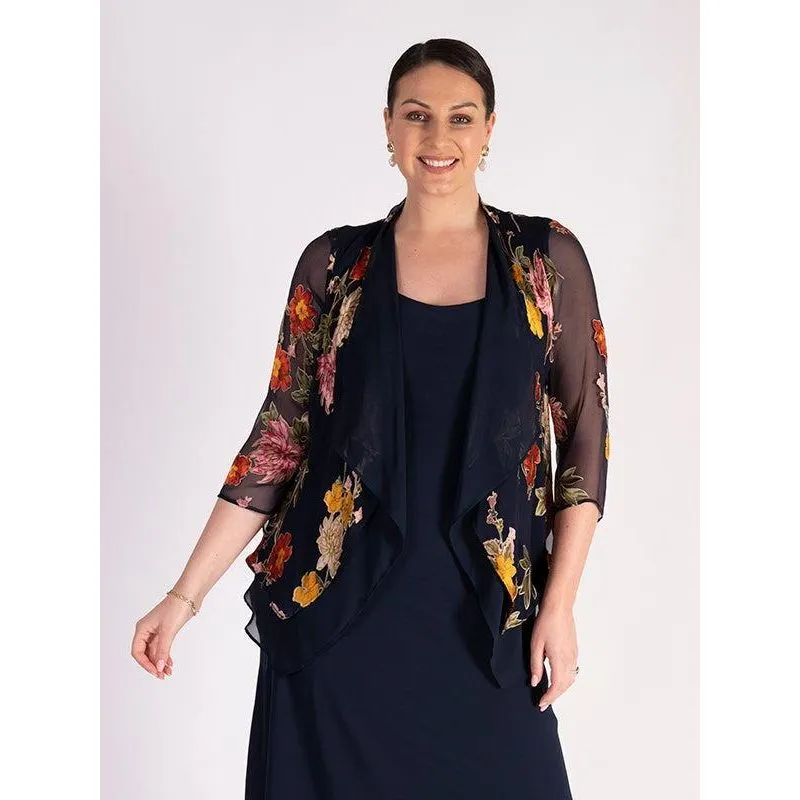 Chesca Navy Chrysanthemum Print Silk Devoree Contrast Layered Shrug