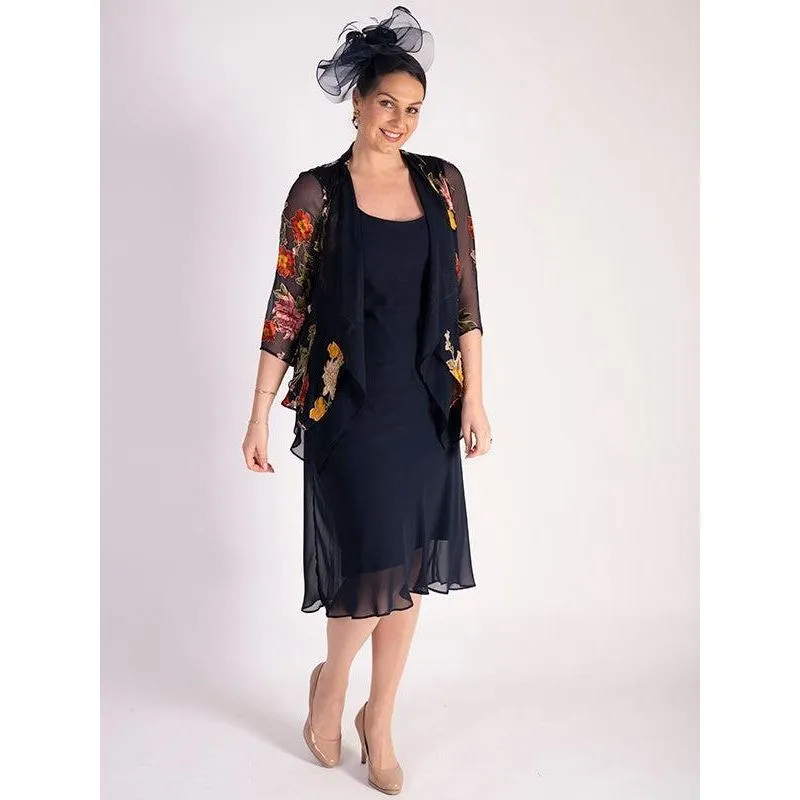 Chesca Navy Chrysanthemum Print Silk Devoree Contrast Layered Shrug