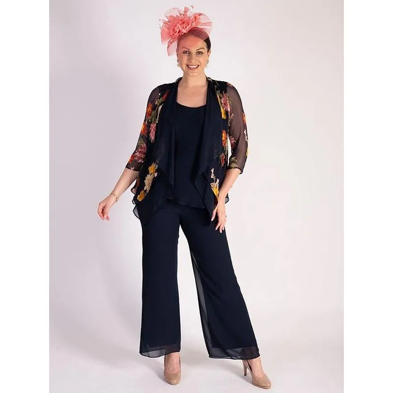 Chesca Navy Chrysanthemum Print Silk Devoree Contrast Layered Shrug