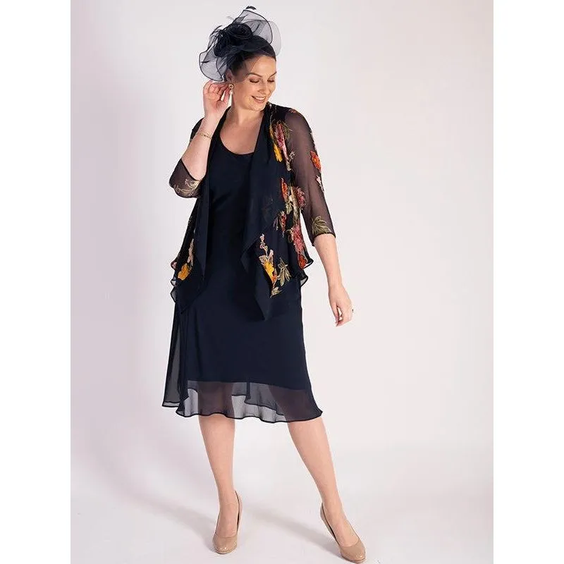 Chesca Navy Chrysanthemum Print Silk Devoree Contrast Layered Shrug
