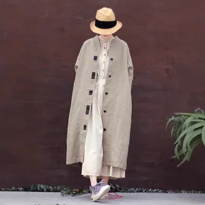 Cotton and linen women's clothing original loose rain and dew linen V-neck placket contrasting color single-breasted buckle silhouette loose jacket 90120