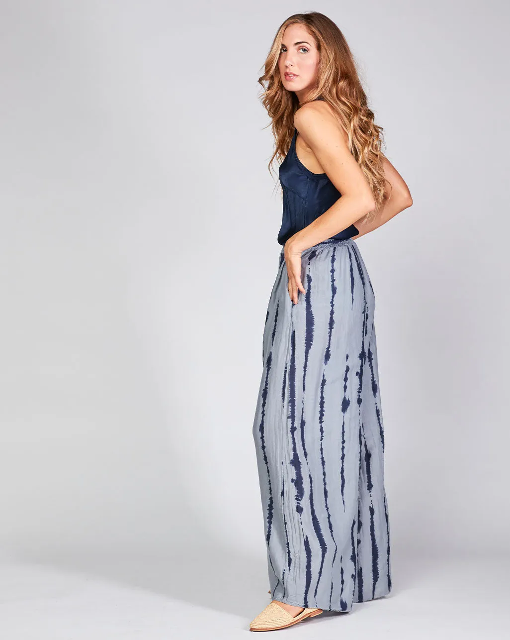 Cotton Silk Blend Drip Striped Elasitc Waist Palazzo Pant