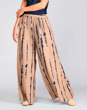 Cotton Silk Blend Drip Striped Elasitc Waist Palazzo Pant