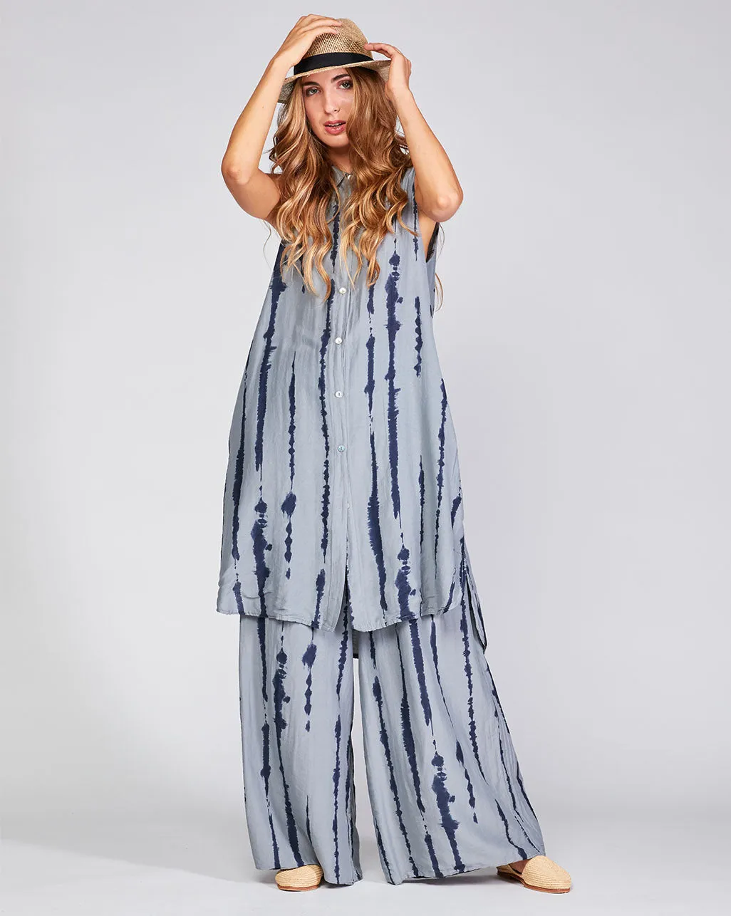 Cotton Silk Blend Drip Striped Elasitc Waist Palazzo Pant