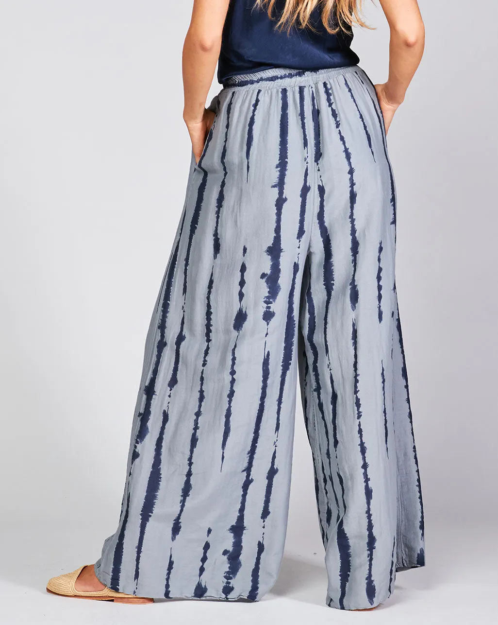 Cotton Silk Blend Drip Striped Elasitc Waist Palazzo Pant