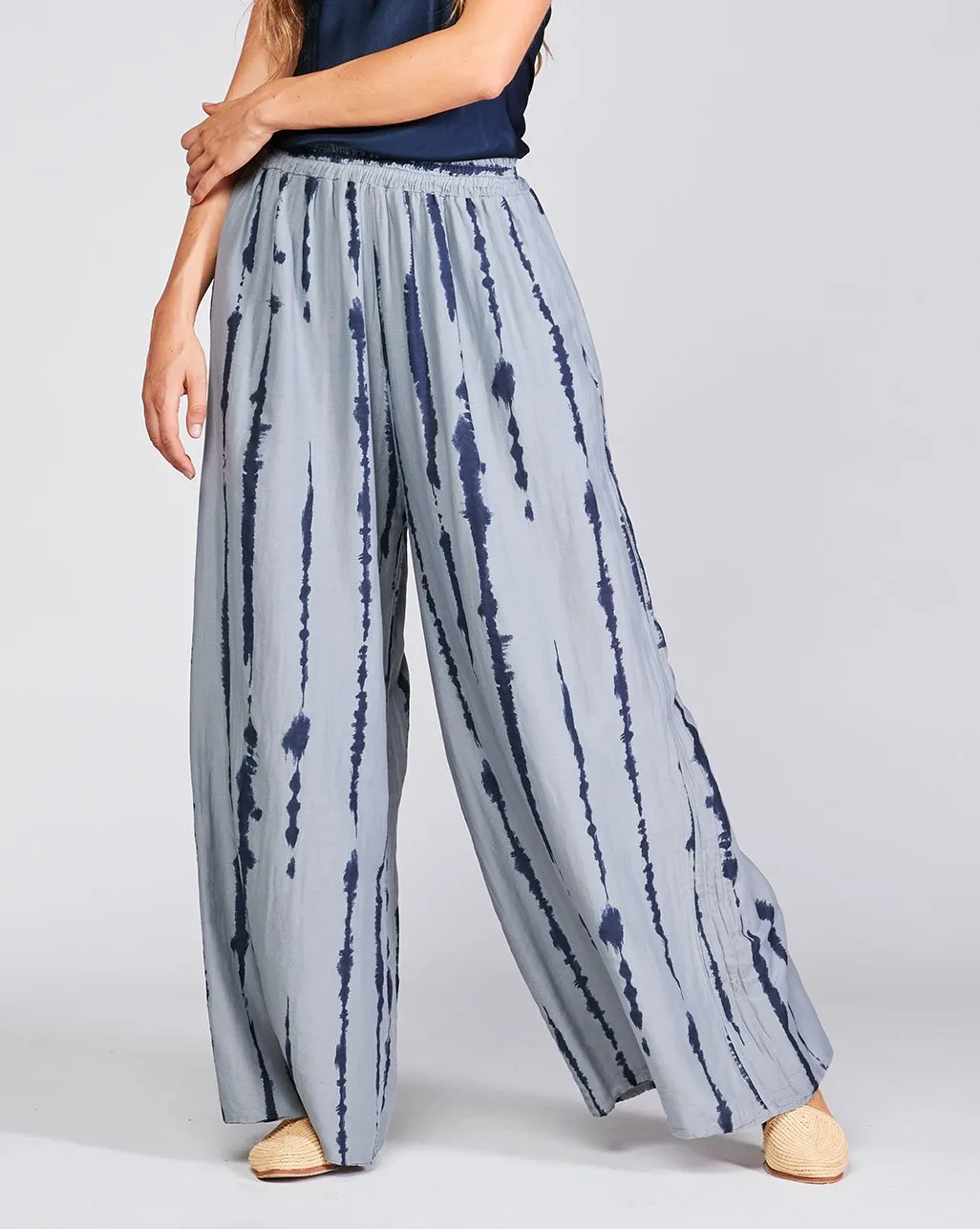 Cotton Silk Blend Drip Striped Elasitc Waist Palazzo Pant
