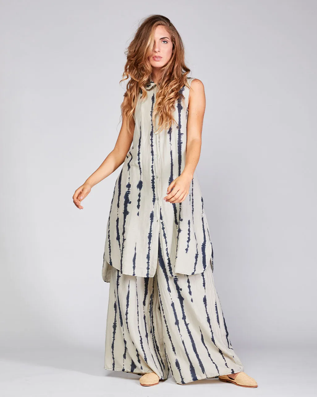 Cotton Silk Blend Drip Striped Elasitc Waist Palazzo Pant