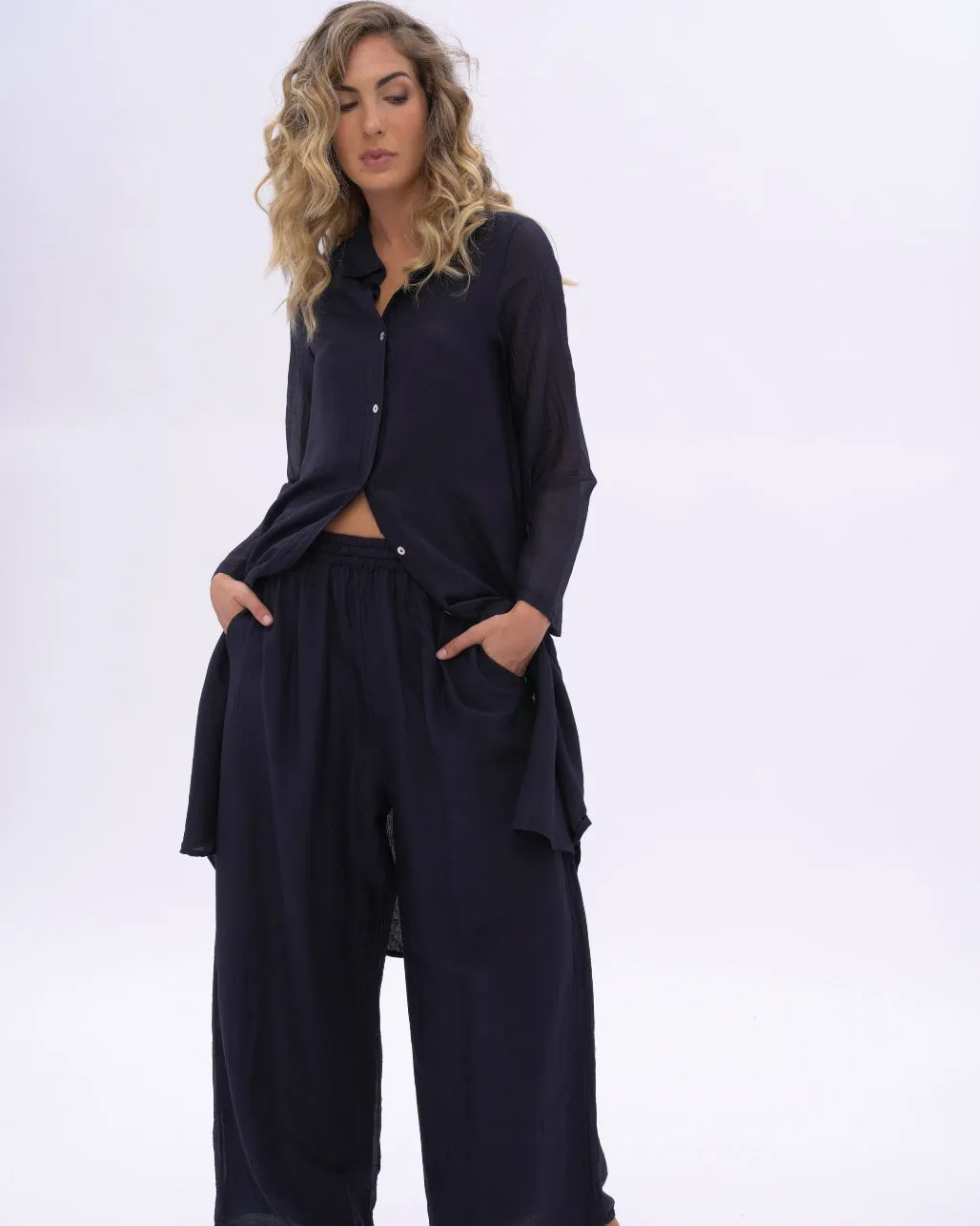 Cotton Silk Blend Elastic Waist Pants