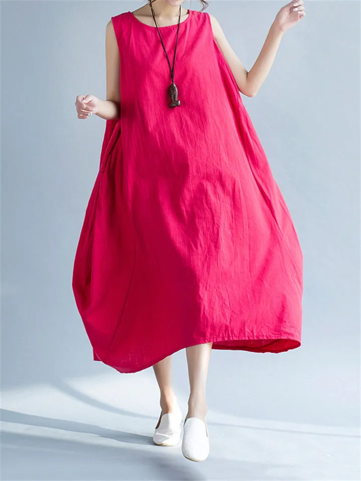 Cozy Flowy Cotton Linen Midi Sundress for Women