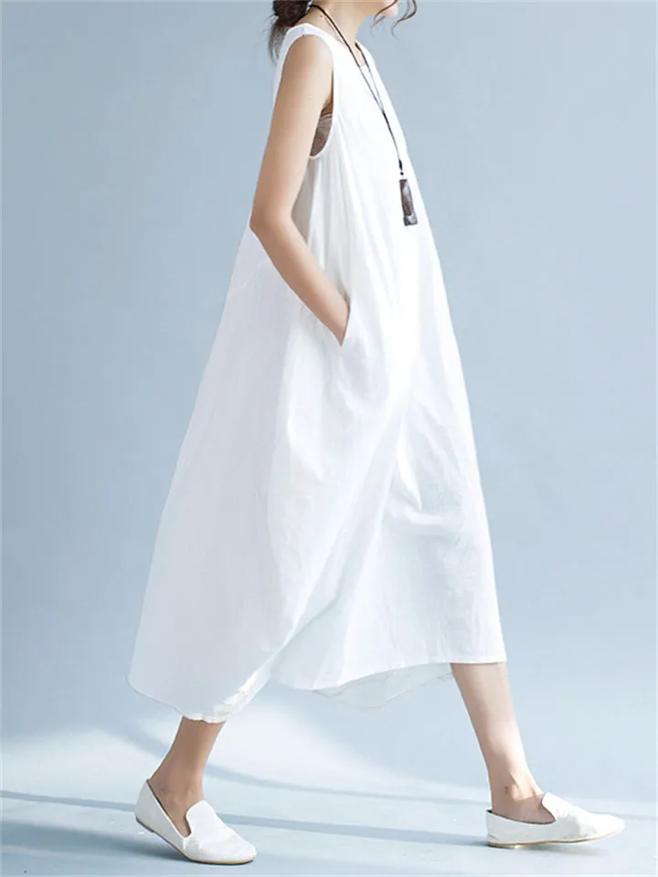Cozy Flowy Cotton Linen Midi Sundress for Women