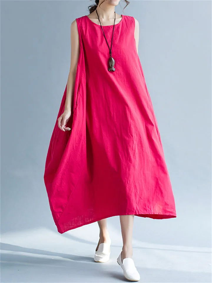 Cozy Flowy Cotton Linen Midi Sundress for Women