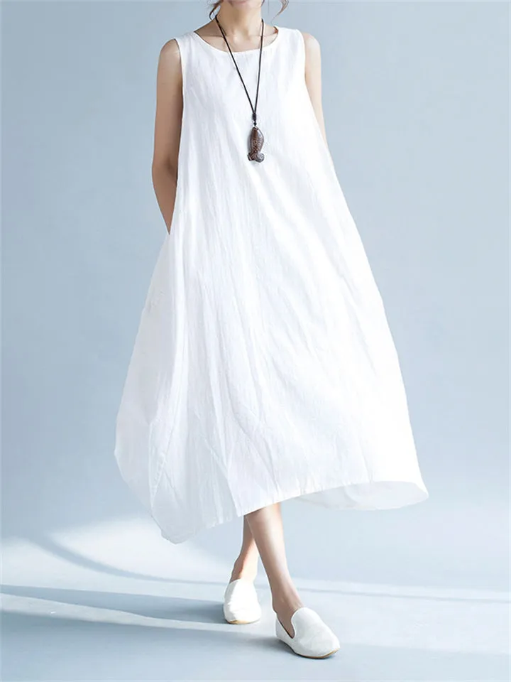Cozy Flowy Cotton Linen Midi Sundress for Women