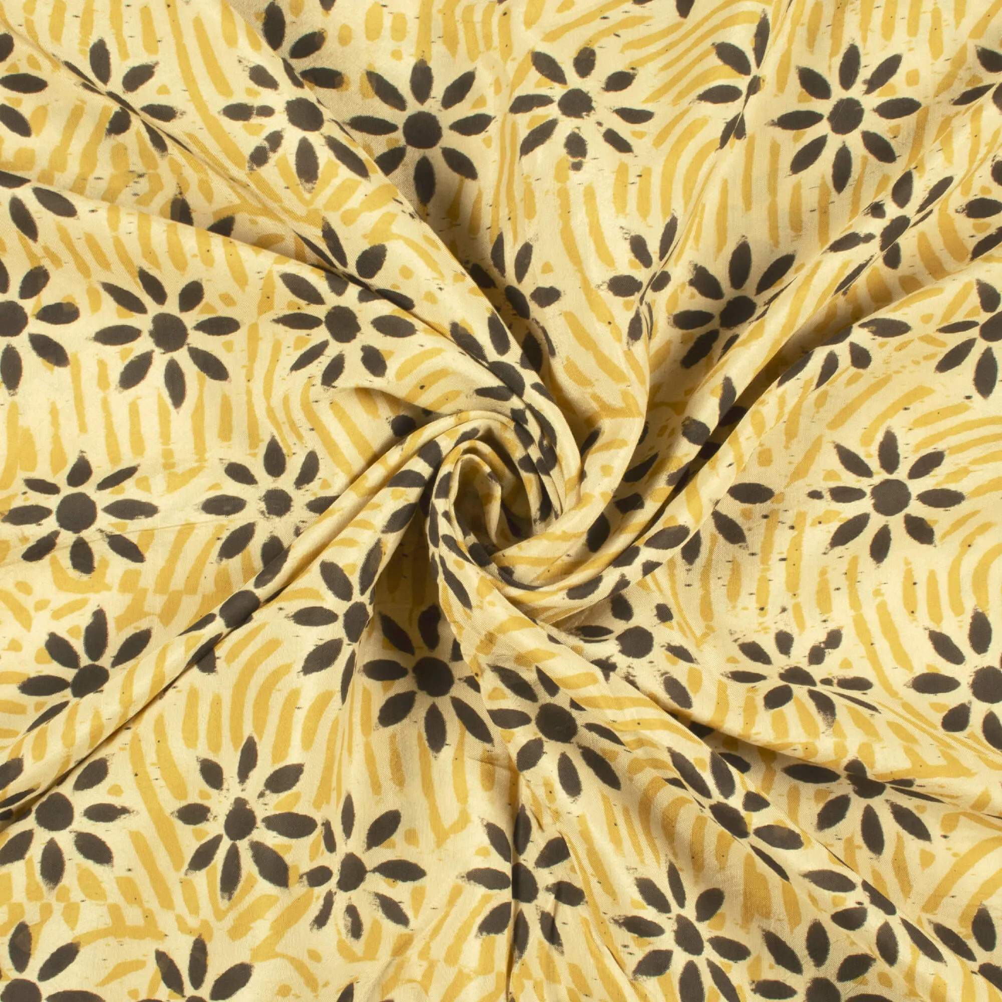 Cream And Black Floral Pattern Handblock Kalamkari Cotton Silk Fabric