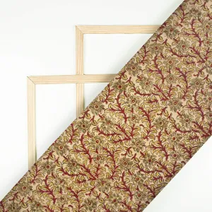 Cream And Blood Red Floral Pattern Handblock Kalamkari Cotton Silk Fabric