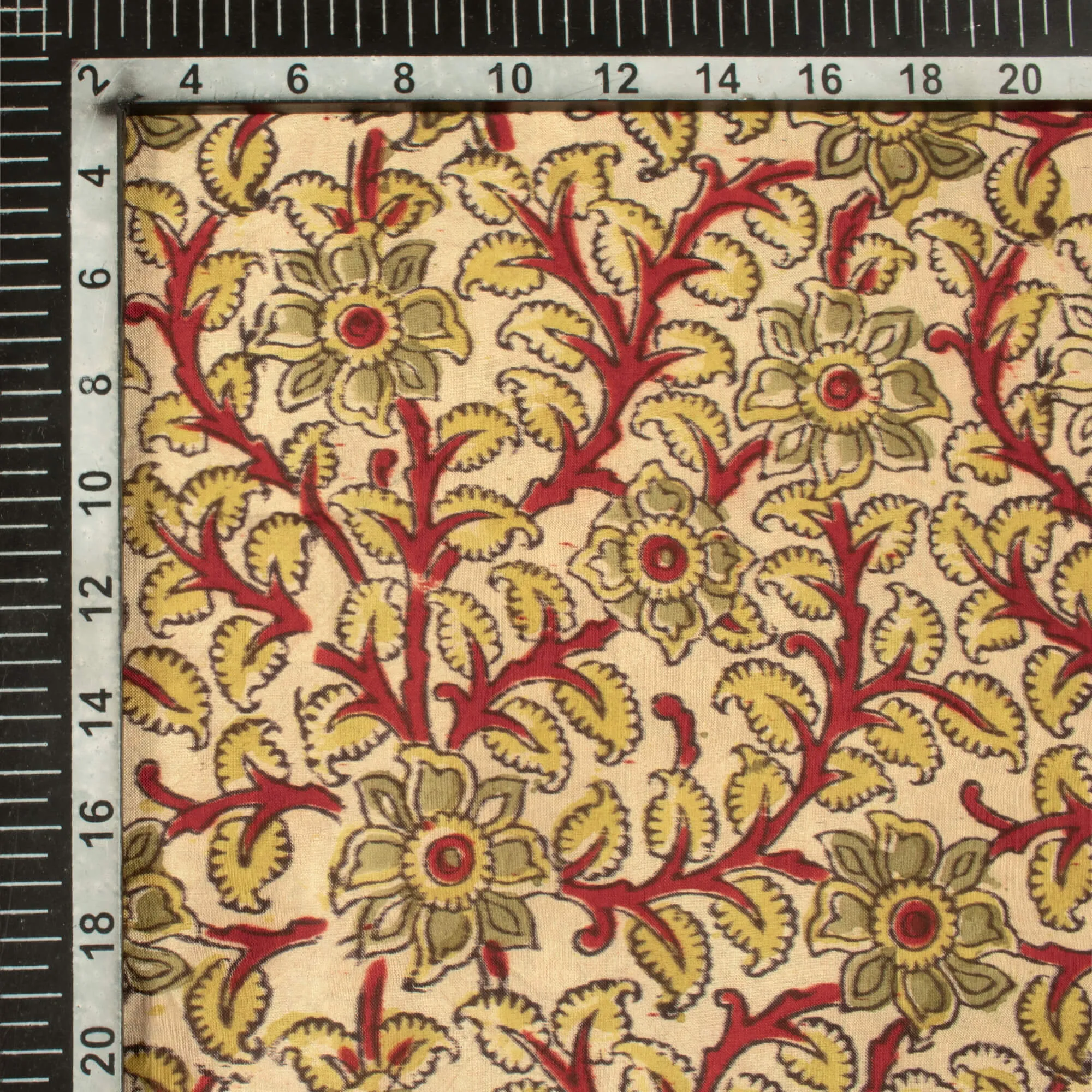 Cream And Blood Red Floral Pattern Handblock Kalamkari Cotton Silk Fabric