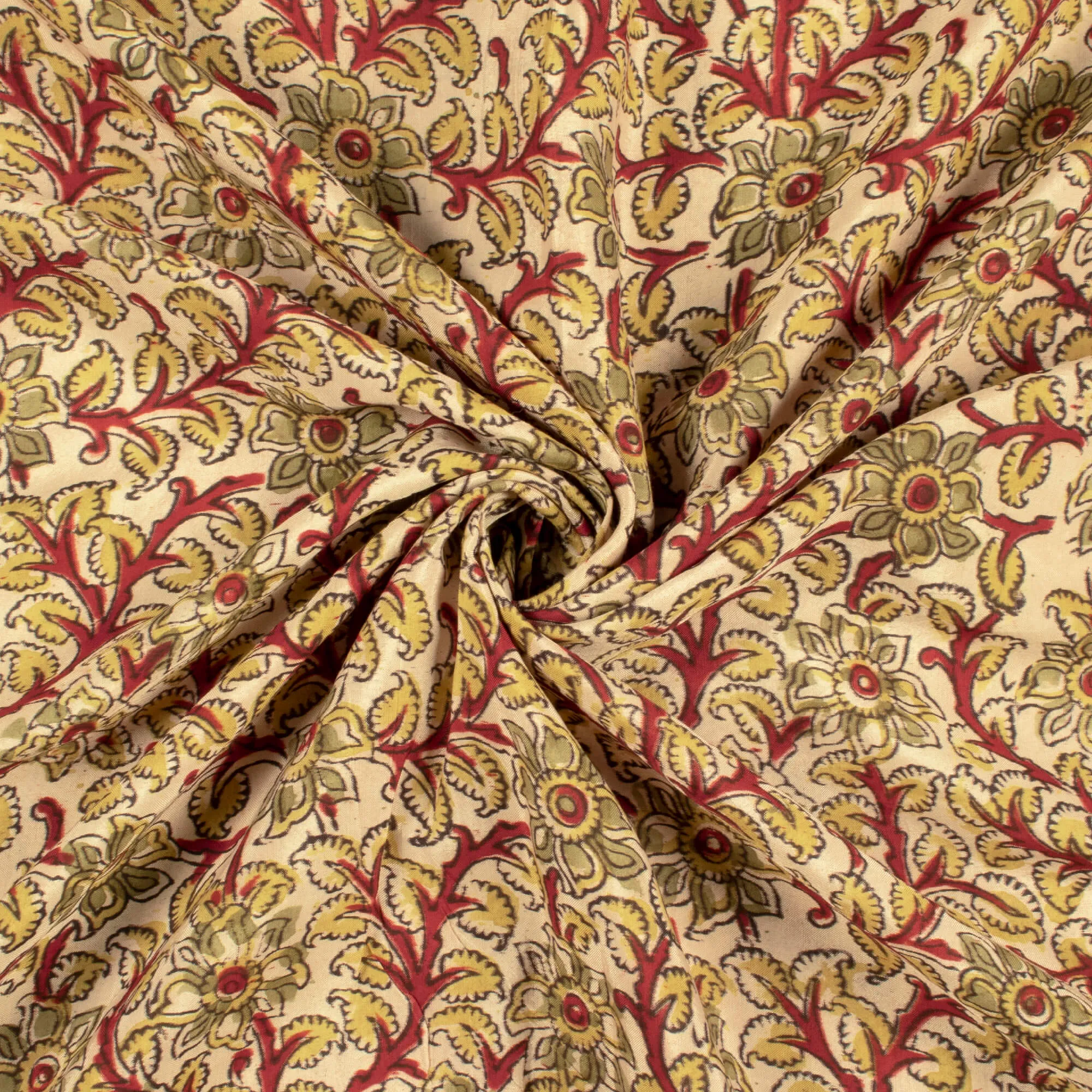 Cream And Blood Red Floral Pattern Handblock Kalamkari Cotton Silk Fabric