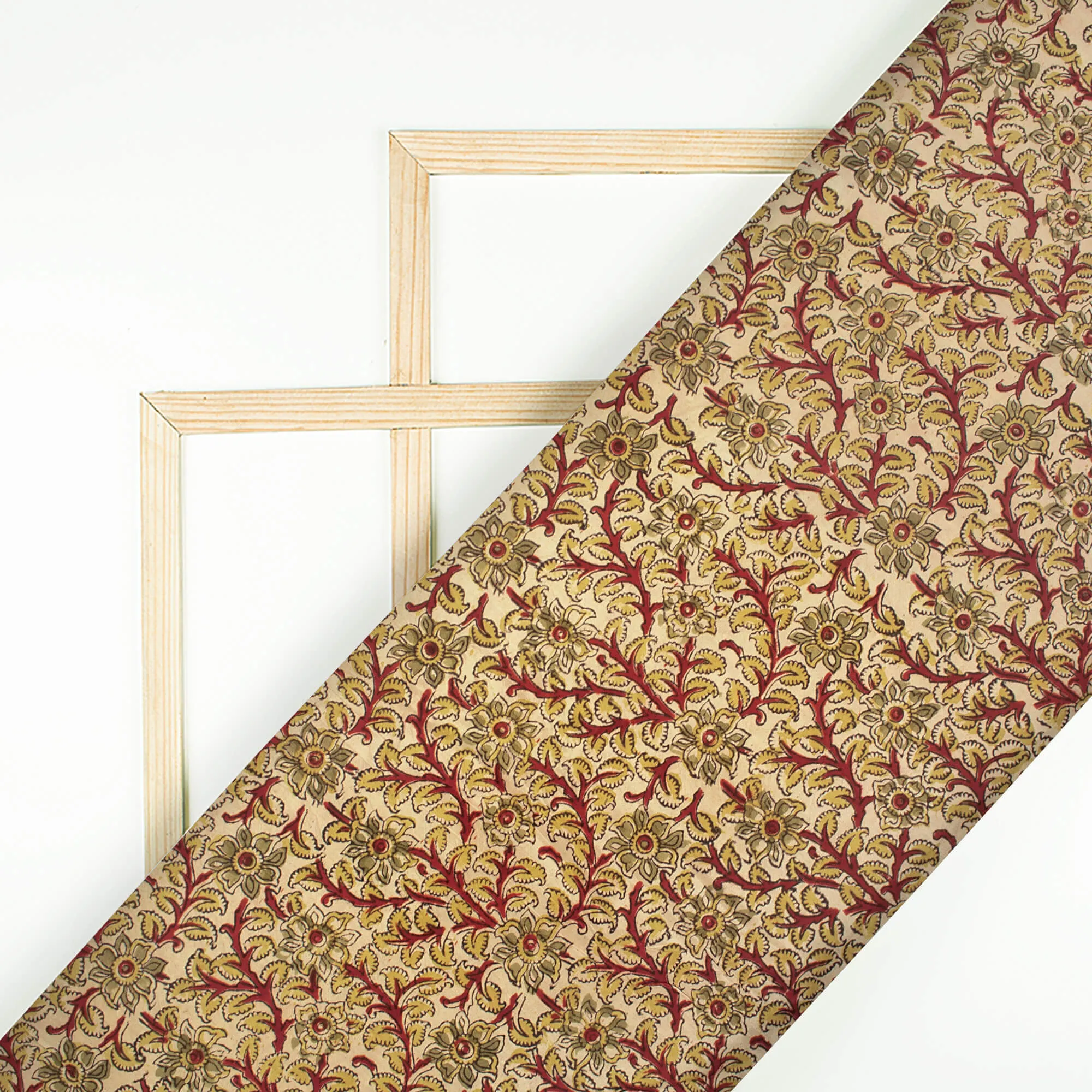 Cream And Blood Red Floral Pattern Handblock Kalamkari Cotton Silk Fabric
