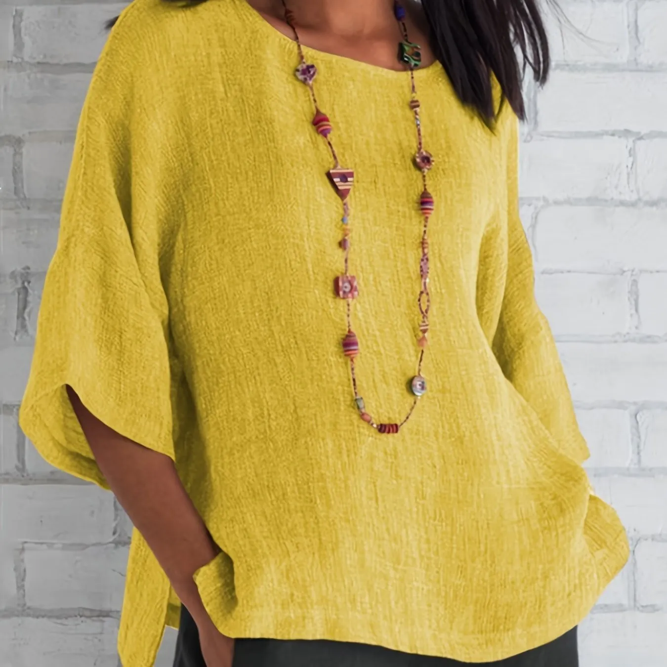 Crew Neck Loose Blouses, Casual Solid Color 3/4 Sleeve Summer Shirts Tops, Women's Clothing