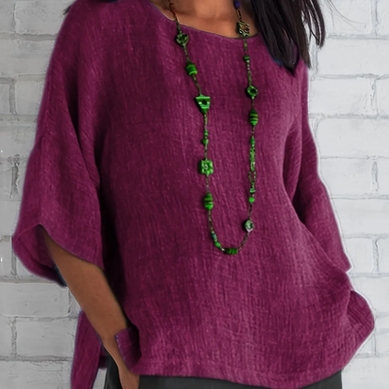 Crew Neck Loose Blouses, Casual Solid Color 3/4 Sleeve Summer Shirts Tops, Women's Clothing