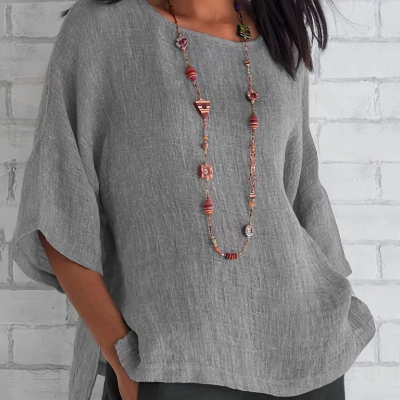 Crew Neck Loose Blouses, Casual Solid Color 3/4 Sleeve Summer Shirts Tops, Women's Clothing