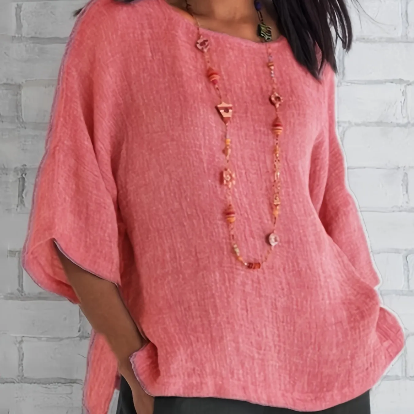 Crew Neck Loose Blouses, Casual Solid Color 3/4 Sleeve Summer Shirts Tops, Women's Clothing