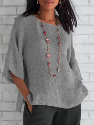 Crew Neck Loose Blouses, Casual Solid Color 3/4 Sleeve Summer Shirts Tops, Women's Clothing
