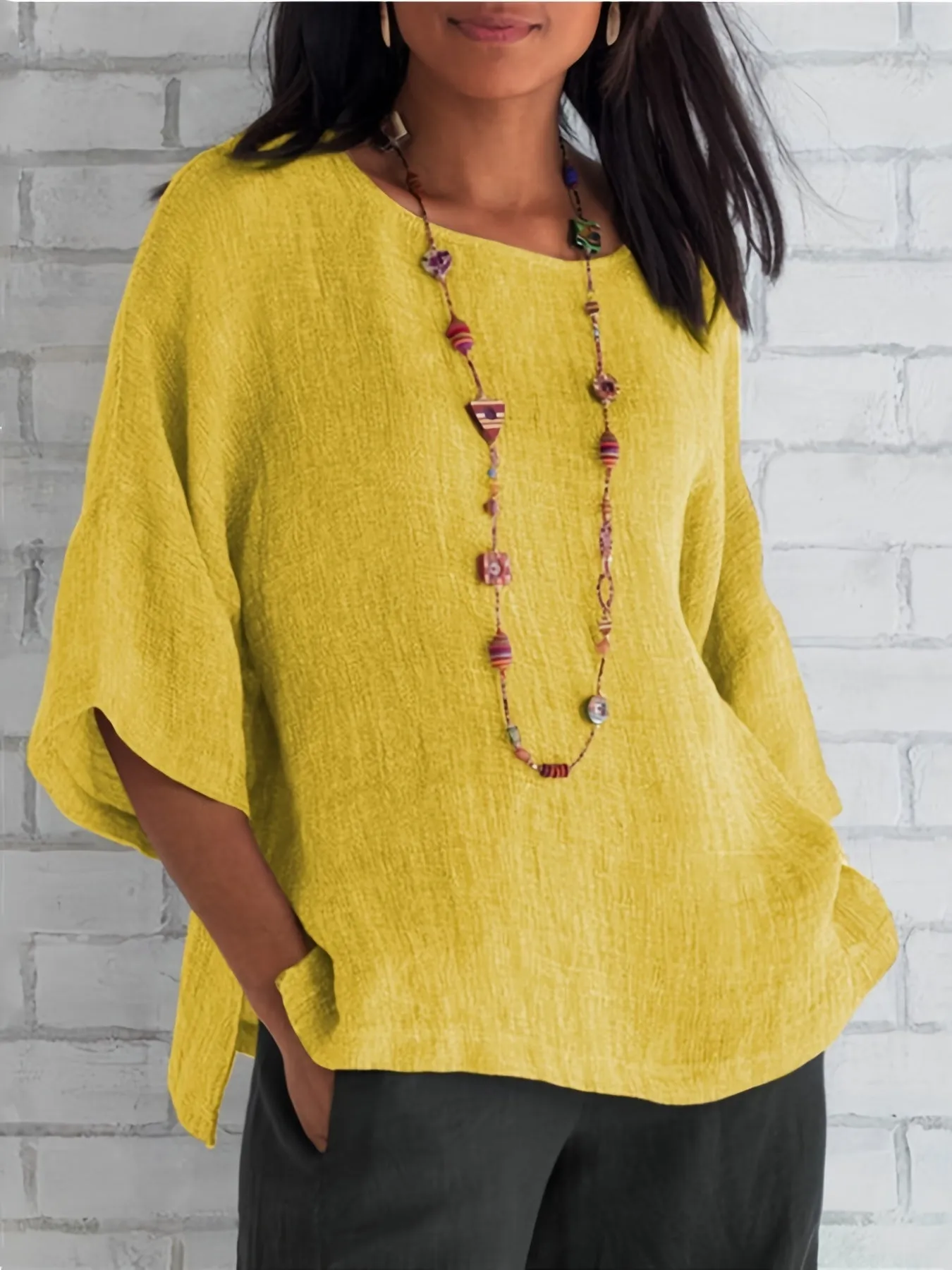 Crew Neck Loose Blouses, Casual Solid Color 3/4 Sleeve Summer Shirts Tops, Women's Clothing