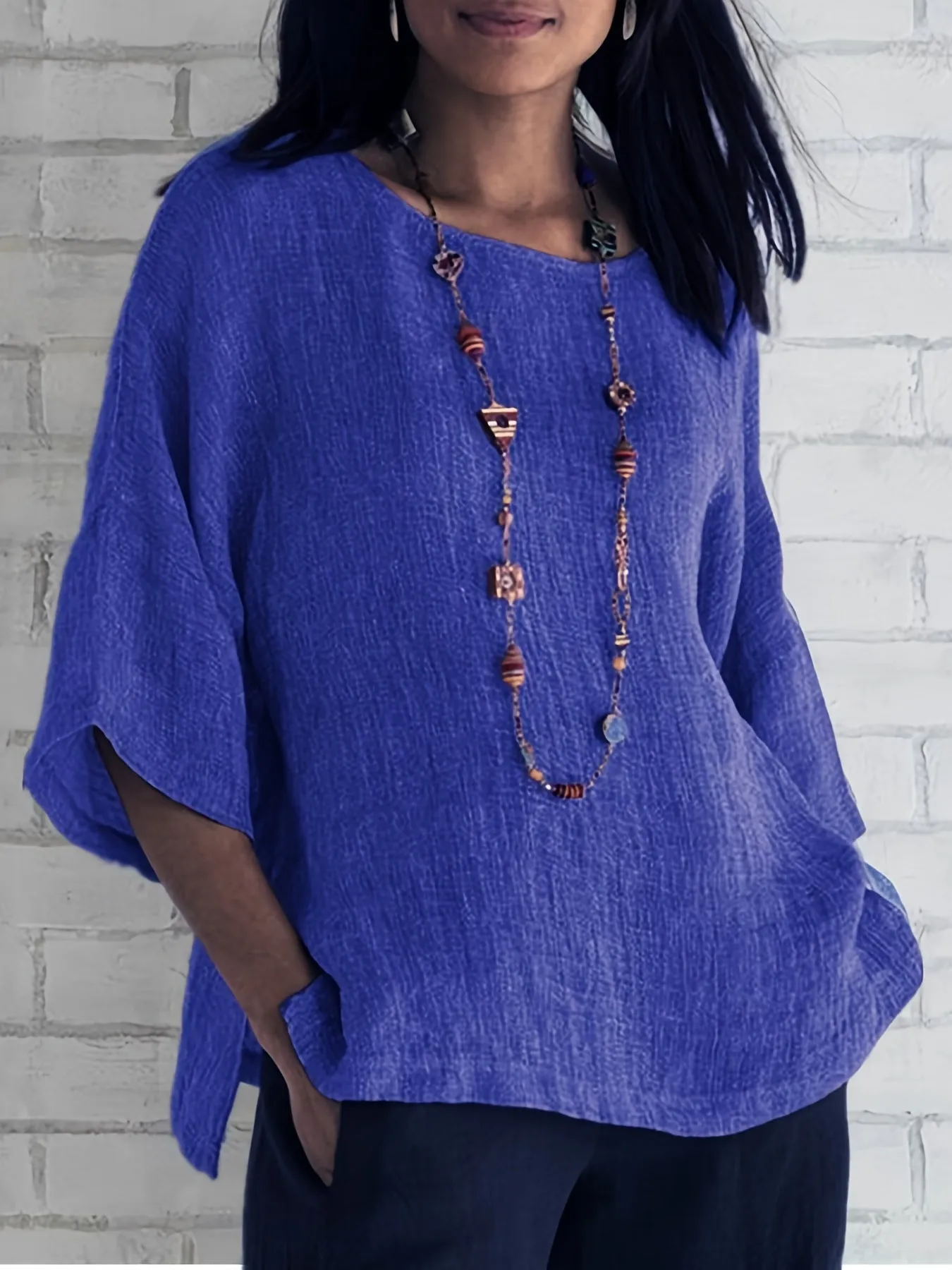 Crew Neck Loose Blouses, Casual Solid Color 3/4 Sleeve Summer Shirts Tops, Women's Clothing
