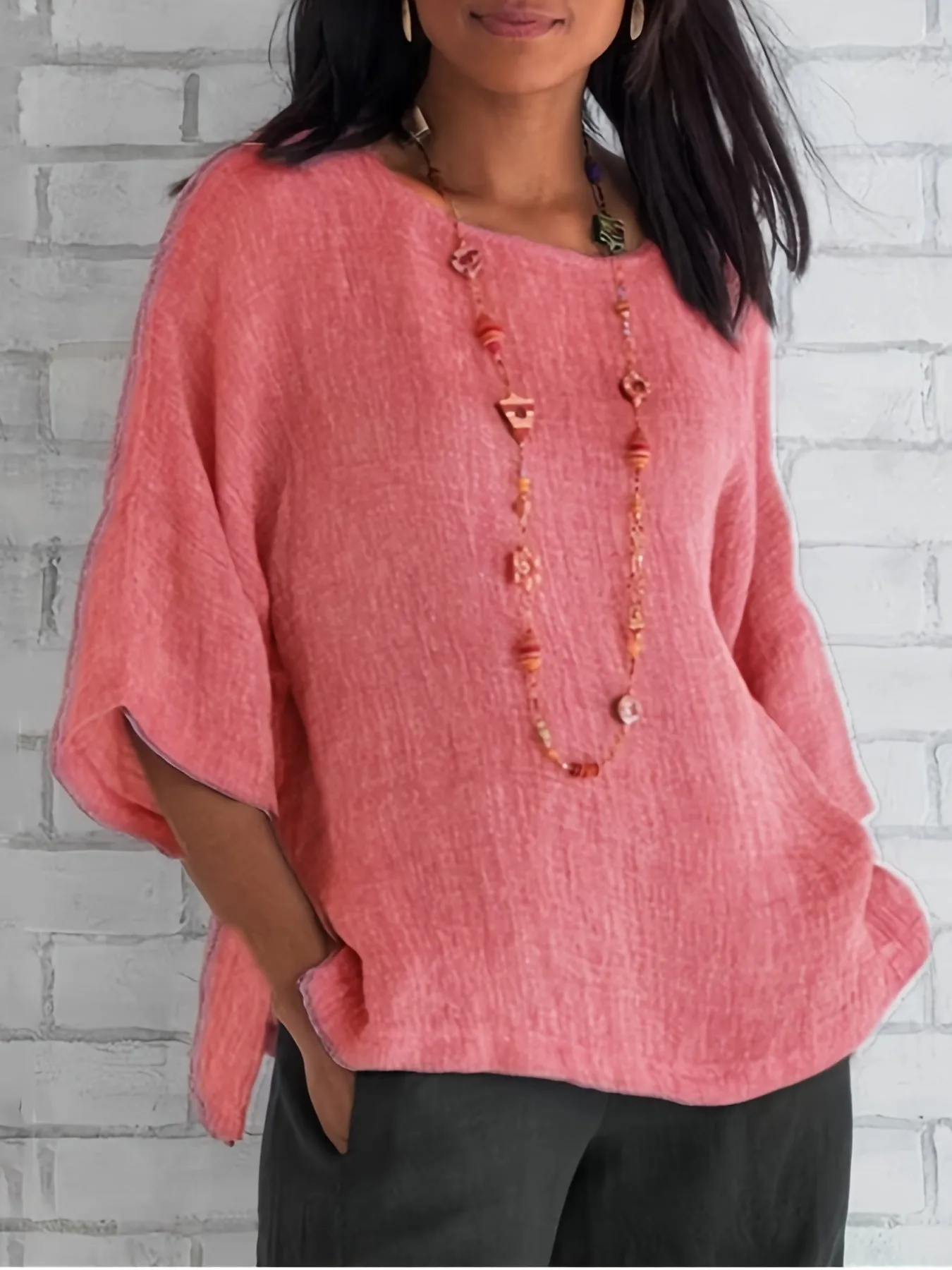 Crew Neck Loose Blouses, Casual Solid Color 3/4 Sleeve Summer Shirts Tops, Women's Clothing