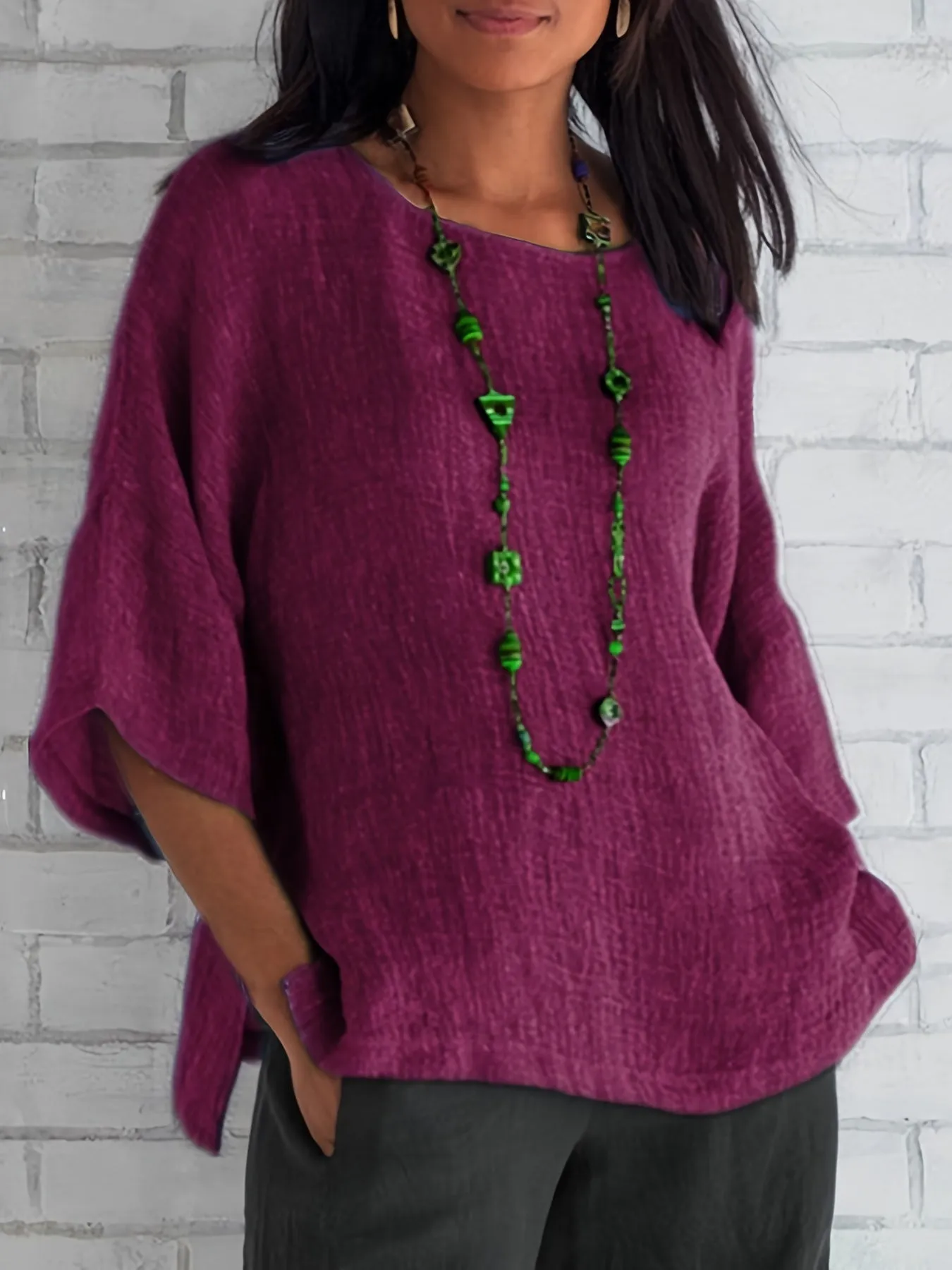 Crew Neck Loose Blouses, Casual Solid Color 3/4 Sleeve Summer Shirts Tops, Women's Clothing